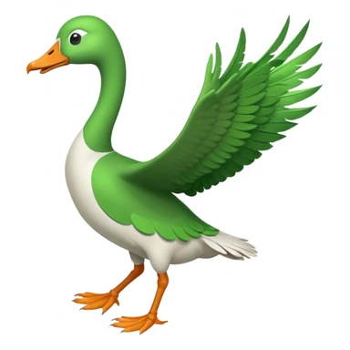 Emoji of a running goose with a very long neck and two legs. Use 🪿 shape but color it bright green (#39C700). The wings should be folded close to the body, not flapping. The legs should be clearly in a running motion, showing dynamic movement, not static. sticker