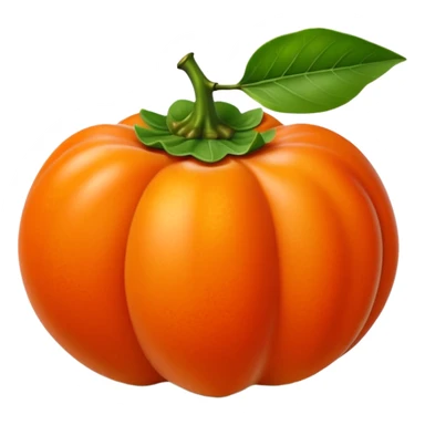 whole persimmon fruit with smooth glossy orange skin, flattened round shape, green leafy calyx on top with soft folds and natural texture, slightly dimpled surface suggesting ripeness and firmness, no leaf cut or extras, soft lighting, subtle shadows, emoji scale sticker