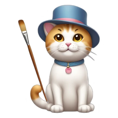 Kawaii cat artist in hat with palette and brush so it can be used as a mouse cursor sticker