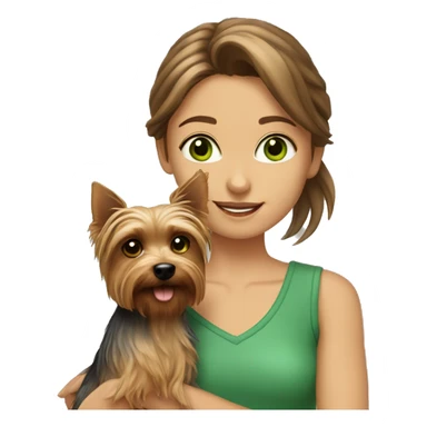 Girl with brown hair and green eyes is holding a silky terrier dog  sticker