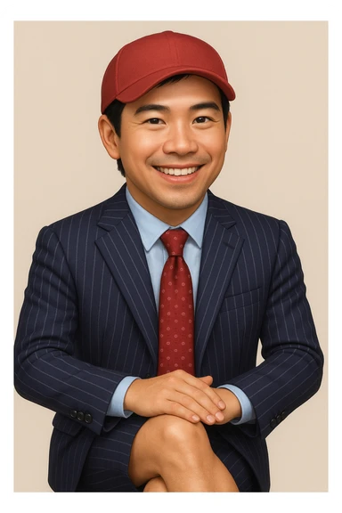 Create an 80% realistic emoji of a smiling man in a pinstripe suit and red cap, sitting with legs crossed. The style should be semi-realistic, blending emoji and photorealism, inspired by the reference photo. sticker
