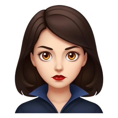 brunette lady with a menacing, dreadful aura, simplified features, strong vibe, Apple emoji style sticker