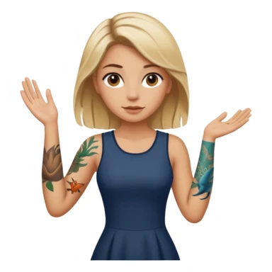 Blonde white girl with dark roots, sunkissed tan, and marine life tattoos on one arm wearing brown dress. Brown eyes sticker