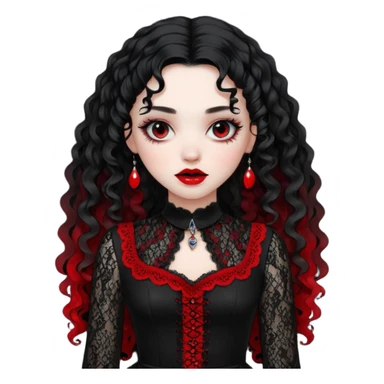 A girl with a red goth vampire look in a black and red goth lace dress with long sleeves and long black curly hair bold look on her face sticker