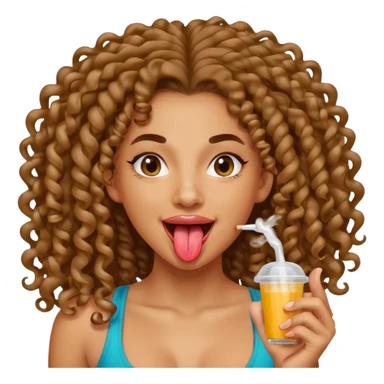 a mixed girl with long curly hair sticking her tongue out with spit sticker