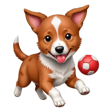 Playful red heeler puppy with tongue out, running with a ball sticker