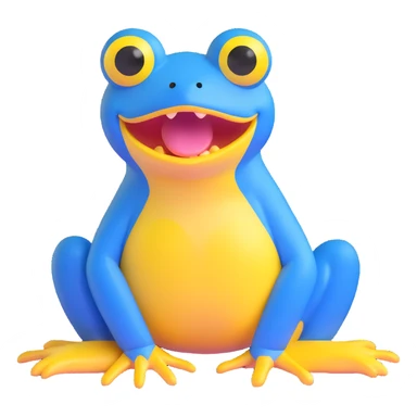 blue frog with a big yellow mouth and wide eyes, sitting, looks silly and sweet, suitable for kids, daily expression, circle time helper sticker