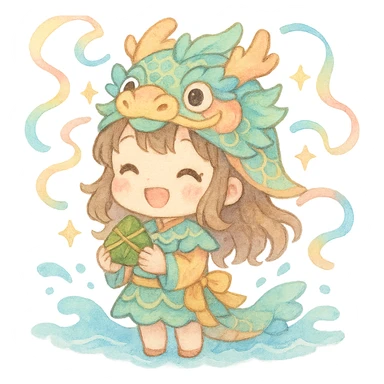 chibi girl wearing a pastel dragon boat outfit, smiling and holding a rice dumpling, with floating colorful ribbons, sparkles, soft waves, festive Dragon Boat Festival mood, kawaii, watercolor, pastel, fluffy sticker