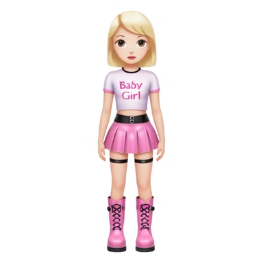 Mini latex skirt and boots and short top with pink inscription “Baby girl” sticker
