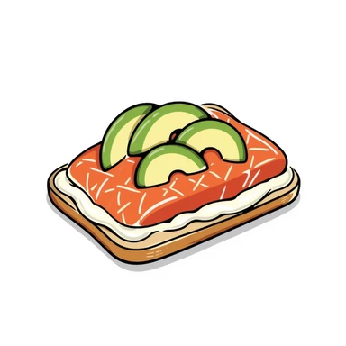salmon open toast with white sauce and avocado sticker