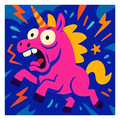 neon pink unicorn in chaos, exaggerated expression, vibrant colors, cartoon style, energetic, playful sticker