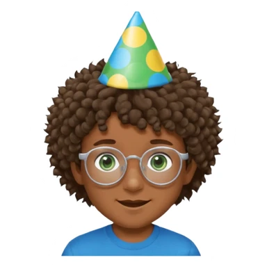 A boy with curly brown hair and green eyes with a happy face, and wear square glasses.He’s also got a full silver birthday party hat on his head with blue pom poms on top of it, and his T-shirt is all black, he wears a little gold circle earrings on his left  sticker
