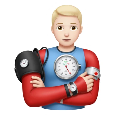 blood pressure cuff wrapped around upper arm with dial reading sticker