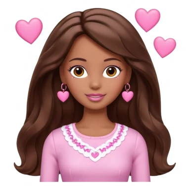 Barbie girl and  makeup , brown long straight wavy hair and brown eyes is In pale pink clothes There are pink hearts all around sticker