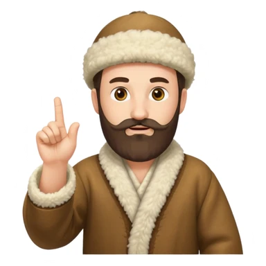 Create an emoji-style illustration of a Caucasian man from the Caucasus region, wearing a traditional woolen papakha hat and a robe made of sheepskin. He has a thick beard and is pointing one finger upward. The style should be simple and expressive, like an emoji. sticker