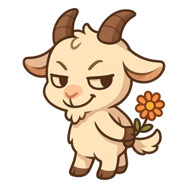 chibi goat, mischievous, holding a flower behind its back, sly smile, simple background sticker