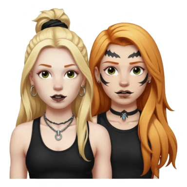 girl with long blonde hair, black tattoos and a septum piercing next to an athletic ginger girl and a septum piercing sticker