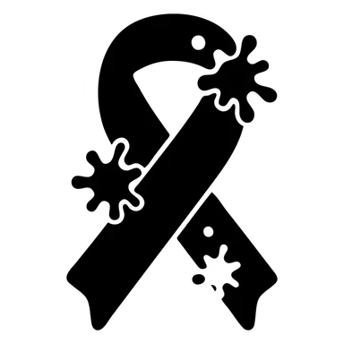 solid black icon of a pink ribbon with blood splatters sticker