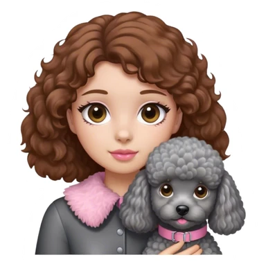 A girl with caramel brown hair holding a grey poodle sticker