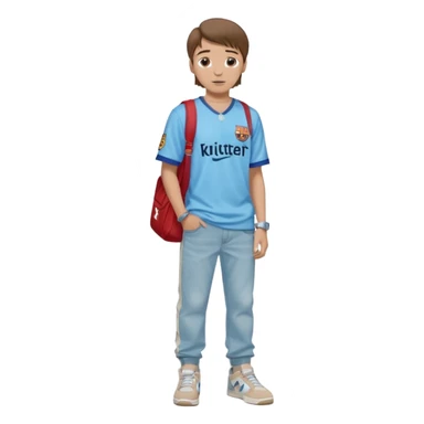 Junge mit braunen Haaren und Seitenscheitel, mit einer hellblauen Jeans baggyhose , einem beigen Trikot  vom fc Barcelona , coole Pose , Jordan 4 in beige an seinen Füßen , silberne dünne Kette um Hals  sticker