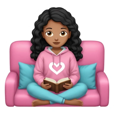 Una chica linda de cabello negro con ondas hasta los hombros de piel blanca con una sudadera rosa en un sofá cómodo y hermoso leyendo la biblia sticker