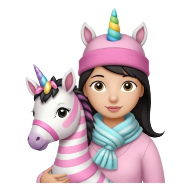 Una cebra bebé con una mamá unicornio abrigados, bufanda y gorro, estilo infantil muchos colores tonos pastel sticker