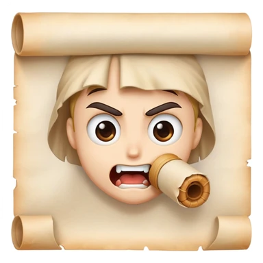 determined cartoon face biting on a small parchment scroll, anime-inspired style sticker