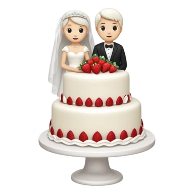 white cake with strawberries and a small bride and groom cake topper sticker
