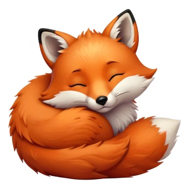 Cinematic cute sleepy fox, curled into a cozy fluffy ball, warm glowing fur, tiny black nose resting on its tail, soft breathing visible, peaceful and charming. sticker