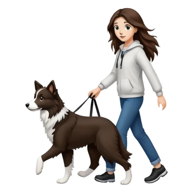 A beautiful girl with long brown hair walks a black and white Border Collie sticker