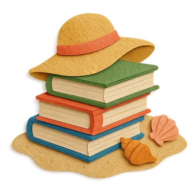 illustration of a stack of books on a sandy beach, with seashells and a sun hat, paper-craft style sticker