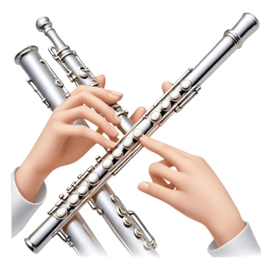 Cinematic Realistic Flute, polished silver metal with precise keywork, soft reflections of warm light dancing along its length, a musician’s delicate fingers pressing the keys, glowing with a sleek and elegant charm. sticker