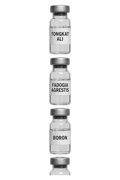 3 fiale mediche: Tongkat Ali, Fadogia Agrestis, PT-141, Boron e Zinco fluttuano in aria verticalmente sticker