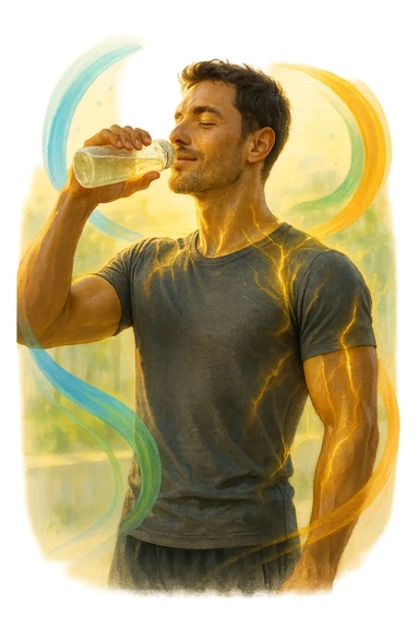 Uomo atletico sui 30 anni, al mattino presto, mentre beve una bevanda trasparente ricca di elettroliti da una borraccia. Il suo corpo è illuminato da una luce naturale dorata e mostra una leggera aura energetica attorno ai muscoli, simbolo di rigenerazione e recupero. Espressione rilassata e vitale, pelle idratata e luminosa. Intorno a lui flussi leggeri e colorati (blu, verde, arancio) rappresentano il bilanciamento degli elettroliti: sodio, potassio, magnesio. Ambiente naturale o cucina moderna minimalista. Atmosfera positiva, pulita e rinvigorente. sticker