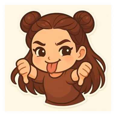 Create a chibi sticker of the girl with double bun hairstyle, giving a thumbs down with both hands, sticking out her tongue, body leaning forward, playful and cheeky, same face and clothes as before. sticker