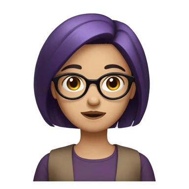 Girl shrugging emoji with purple-black hair, brown eyes, big circle frame black glasses, brown shirt  sticker