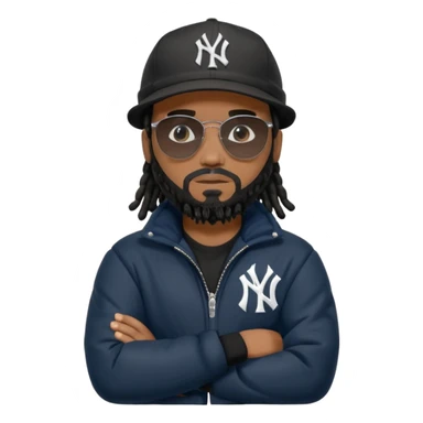 African American man with shoulder length black dreadlocks and black beard wearing black sunglasses with a New York Yankees baseball cap wearing a black bubble winter coat with arms folded sticker