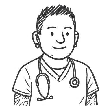 Dr. Efrén Rivera Santiago, a professional and warm doctor with neatly styled short spiked hair, wearing gray scrubs over a white undershirt. He has a calm, reassuring expression with small almond-shaped eyes and a round face. His visible arm tattoos and hook earrings add a touch of individuality. The image should reflect his kind and sharp demeanor. sticker