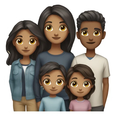 Family of 7, 4 girl dark hair dark eyes caramel skin, 1 girl dark hair dark eyes light skin, 1 boy dark hair dark eyes light skin, 1 girl dark brown hair light brown eyes white skin sticker