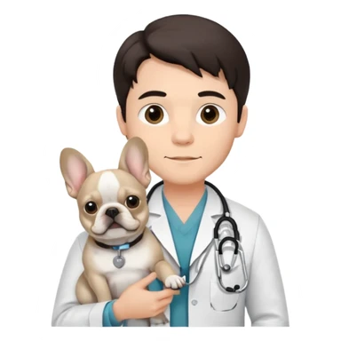 joven médico con el pelo un poco largo pero no tanto y lacio, que tenga un estetoscopio de color de tez negra que sostiene un bulldog francés blanco sticker