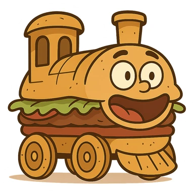 whimsical hamburger-shaped train, playful and colorful, burger buns as train body and wheels, lettuce and tomato details, cartoon style sticker