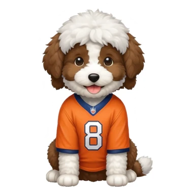 Bernedoodle puppy wearing denver broncos jersey sticker