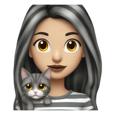 Beautiful dark haired tattooed woman holding gray and white stripe long haired cat sticker