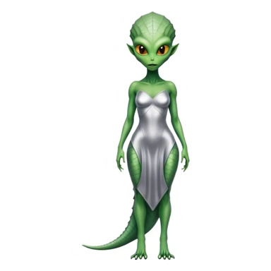 Green Alien reptilian woman in silver dress, full figure, yellow eyes sticker