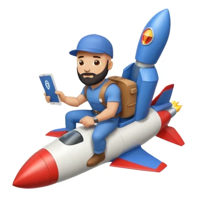 Bald muscular guy with beard and backwards cap, riding rocket, holding Instagram logo, papers trailing behind, minimal style sticker