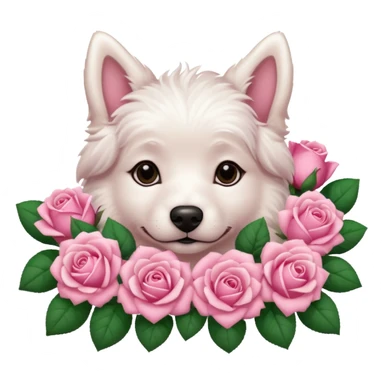 white dog laying on pink roses sticker