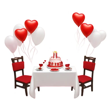Red romantic party setting for two people and heart balloon  table with white cloth and candle with bows on the table and white Korean cake sticker