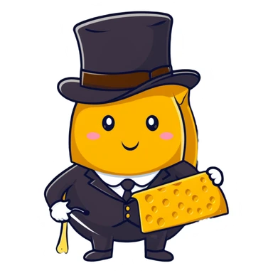 a cheese with a black tophat and golden monocle sticker