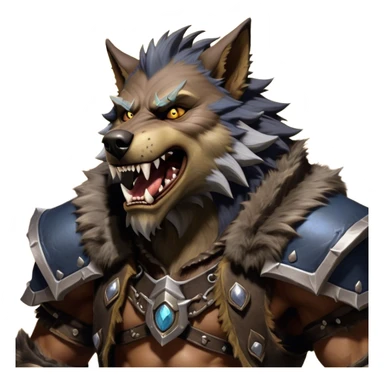 Cinematic Realistic WoW Worgen Portrait, head tilted dramatically with an exaggeratedly amused expression, blending ferocious beastliness with a touch of unexpected humor. His rugged fur, tanned skin, and worn leather garments are rendered with meticulous detail and dynamic lighting, high shine, dramatic yet whimsical, capturing the essence of a worgen whose epic might is tempered by a playful, irreverent charm. sticker