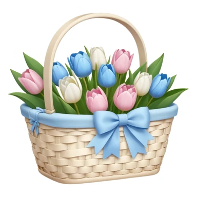 A white Picnic basket with pastel blue bow, white peonie, tulips sticker